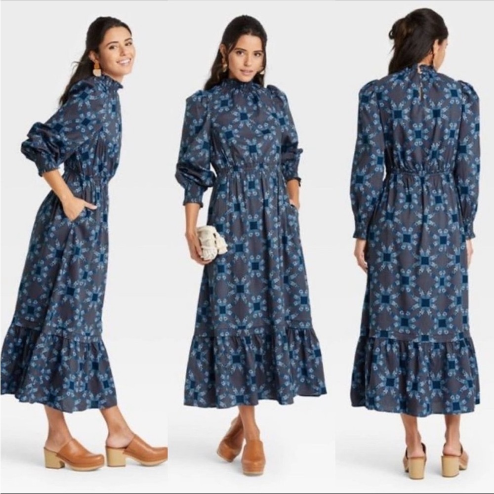 Universal Thread Women's Dress XXL Blue Quilted Print Long Sleeve Maxi NWT